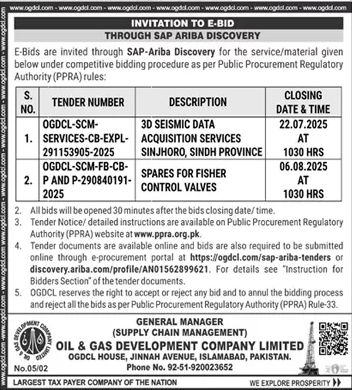 Oil & Gas Development Company Limited Islamabad Tender Notice